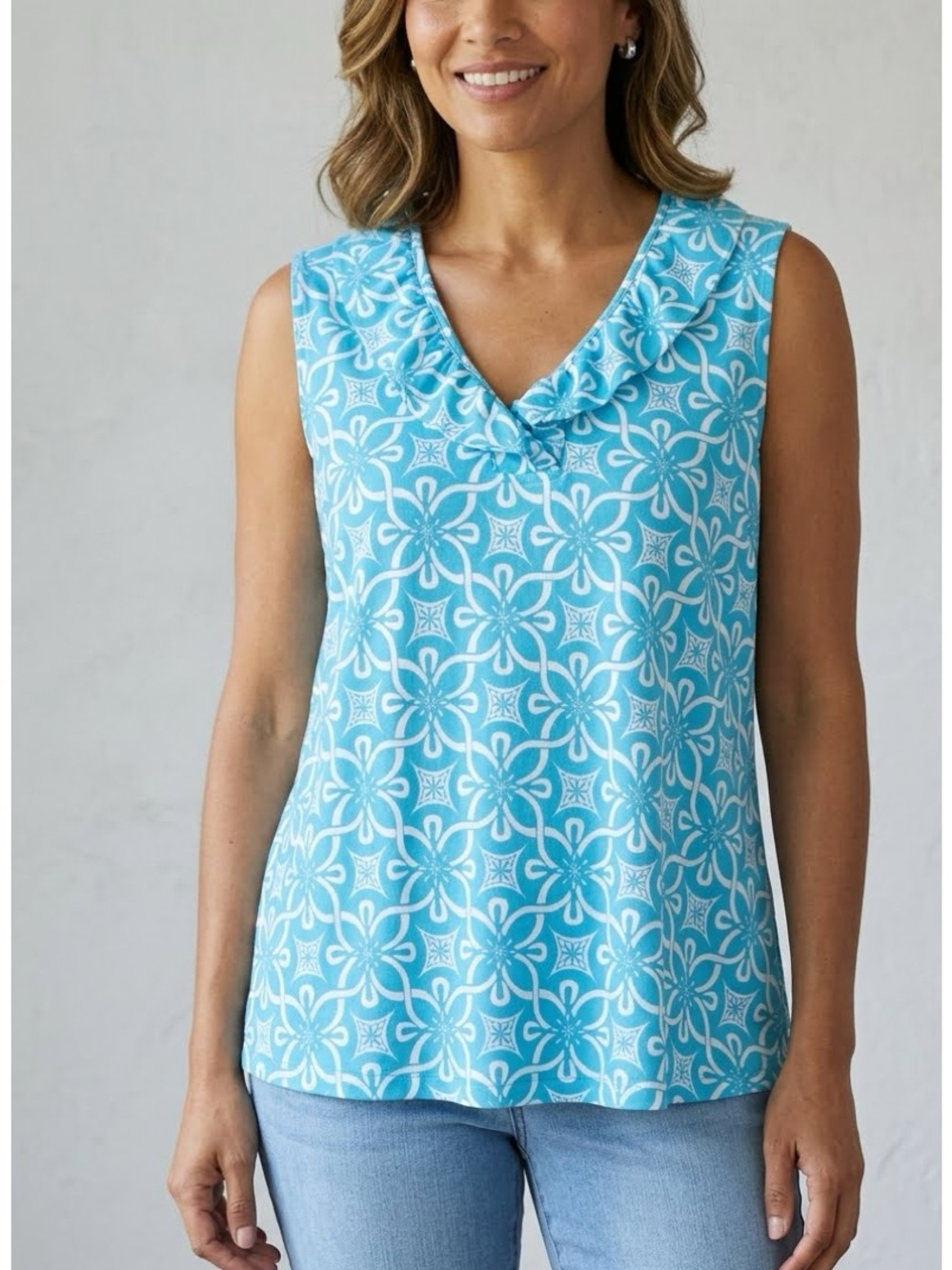 NWT Anthony’s Resort Wear UPF 50+ Ruffle V Neck Sleeveless Coastal Top Size 1X